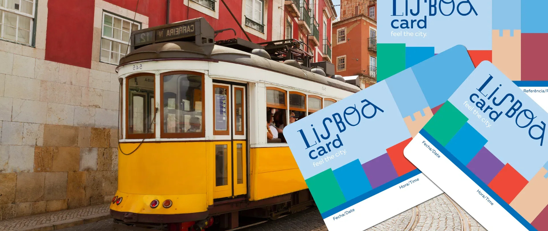 Lisboa Card promotional image featuring the iconic yellow tram 28 passing through Lisbon’s historic Alfama district, with colorful cards offering transport and museum access.