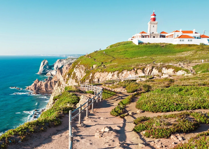 Cabo da Roca, the westernmost point of mainland Europe, with its iconic lighthouse, rugged cliffs, and Atlantic Ocean views in Portugal.