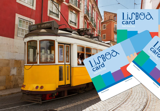 Lisboa Card promotional image featuring the iconic yellow tram 28 passing through Lisbon’s historic Alfama district, with colorful cards offering transport and museum access.