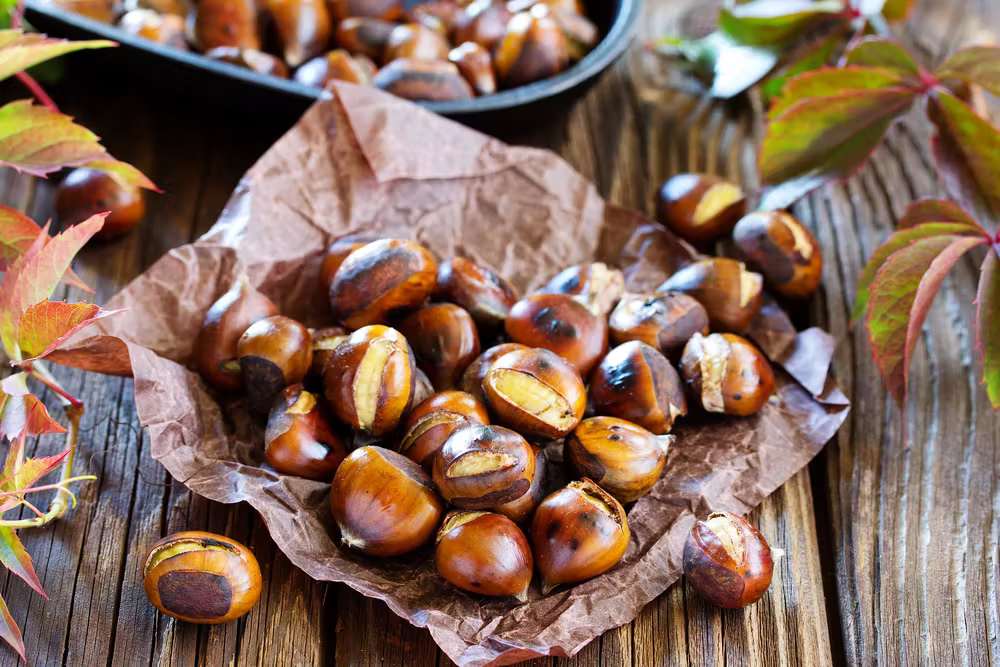 Close-up of roasted chestnuts served on brown paper, a typical Portuguese autumn snack