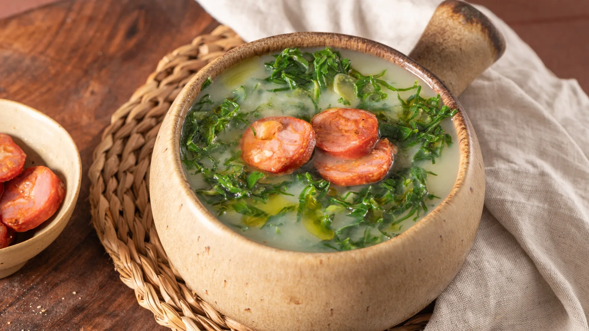 Close-up of Caldo Verde, a traditional Portuguese soup made with thinly sliced kale, potatoes, and chouriço sausage, served in a rustic bowl.