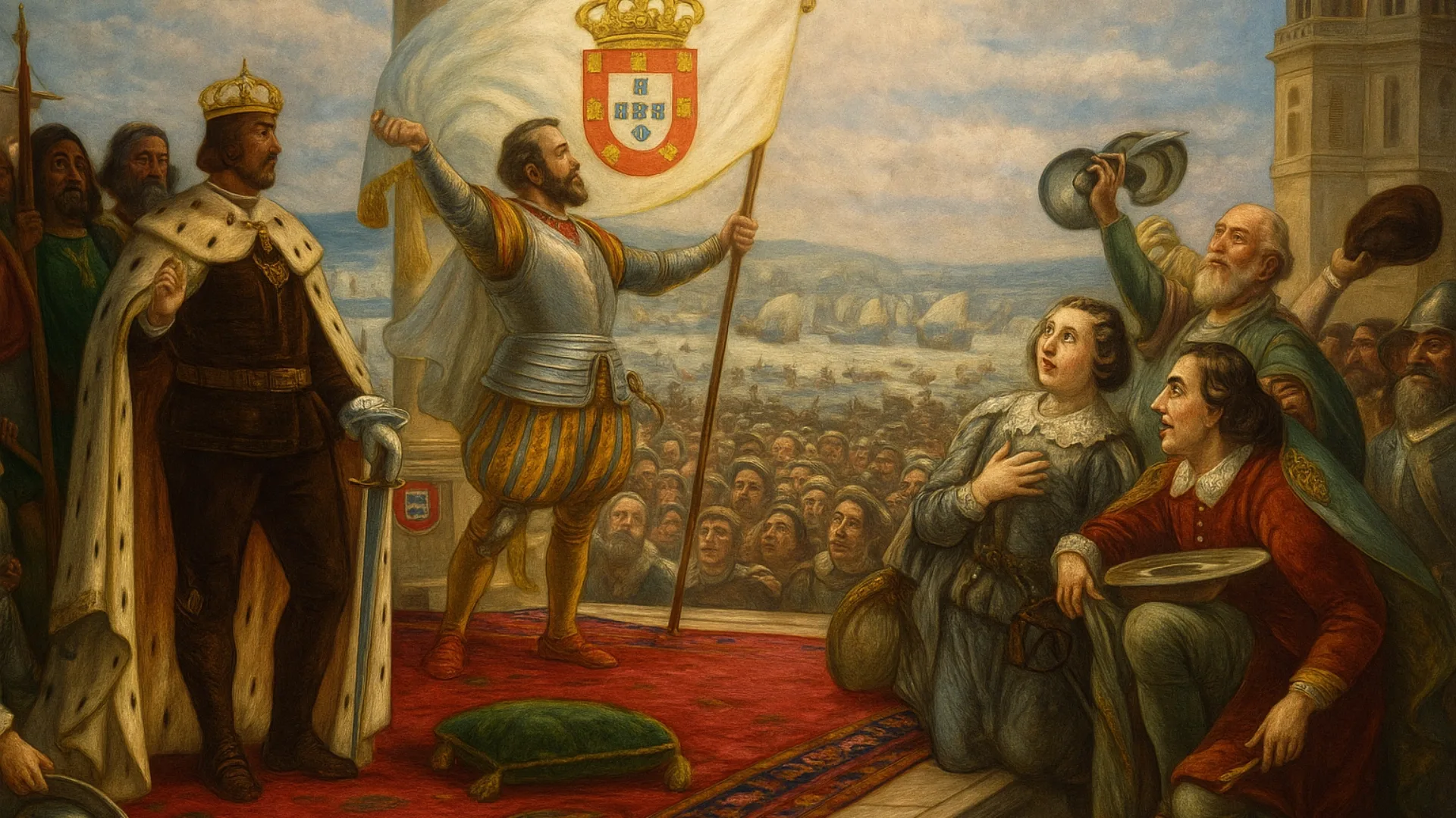 Scene of the 1640 Portuguese Restoration of Independence: a nobleman raises the national flag on a royal balcony before a cheering crowd, symbolizing the end of Spanish rule and the rise of King João IV.