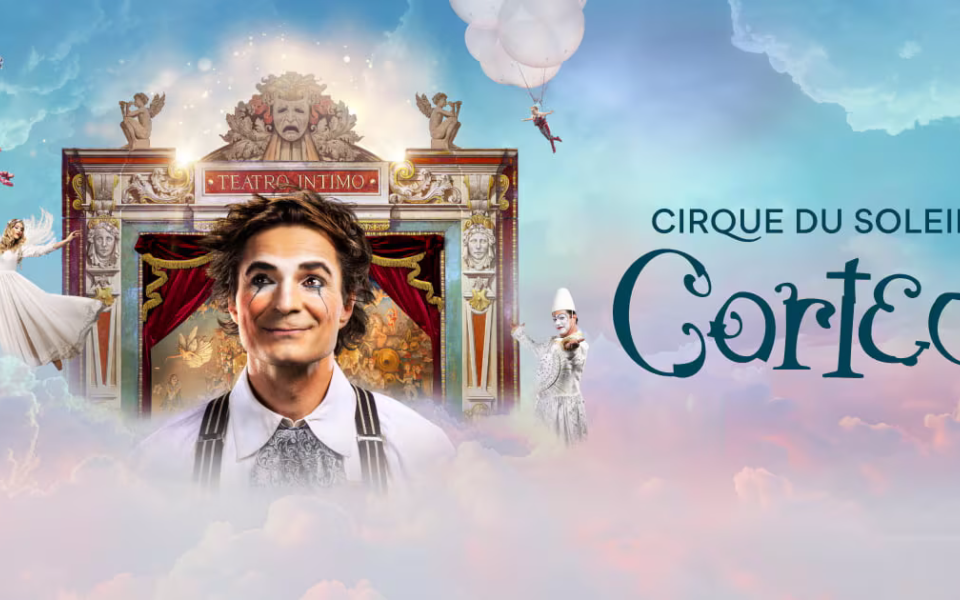 Promotional image of Cirque du Soleil’s Corteo with main character and show elements