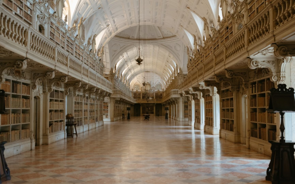 Baroque library of the Mafra National Palace, with high vaulted ceilings, ornate woodwork, and rows of antique books lining the walls.