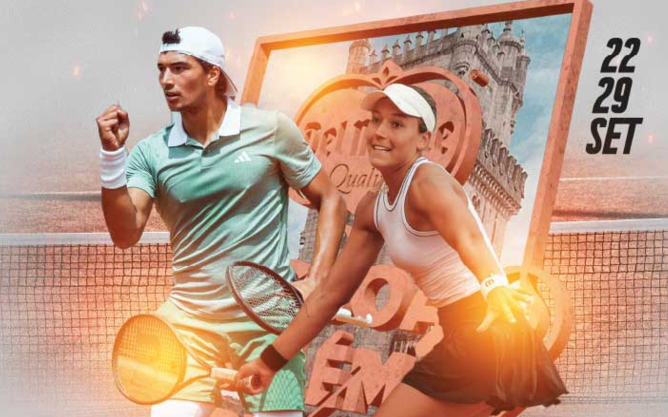 Dynamic promotional poster featuring a male and a female tennis player in action poses, with the Belém Tower in the background and the tournament dates “22-29 SET” highlighted.