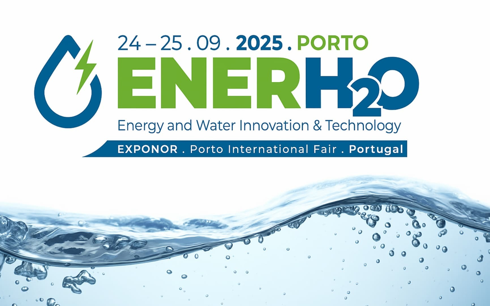 Logótipo do ENERH2O 2025, feira internacional sobre inovação em energia e água, com design moderno e fundo de água em movimento.