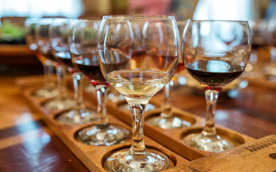 Close-up of a wine tasting flight with red and white wines in Évora or Monsaraz, Portugal, showcasing glasses on a wooden tray ready for a regional wine experience.