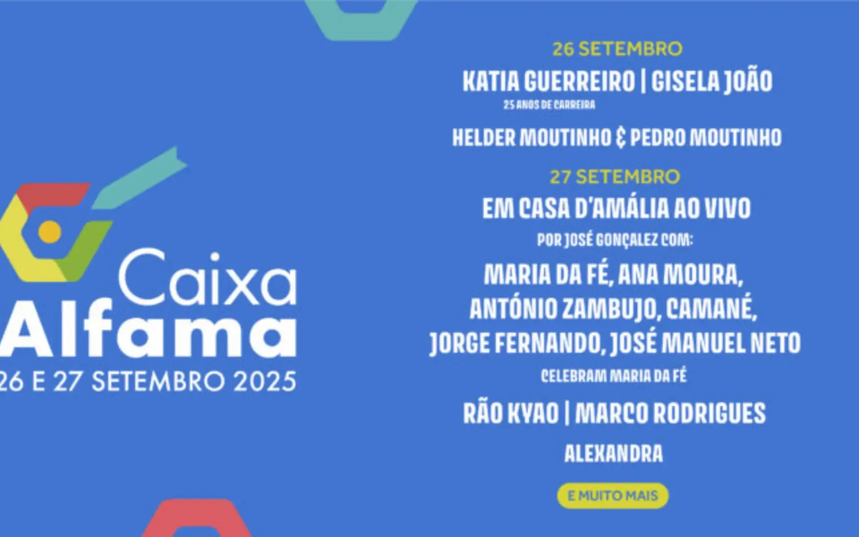 Cartaz oficial do festival Caixa Alfama 2025, com datas de 26 e 27 de setembro e nomes como Katia Guerreiro, Gisela João, Ana Moura, António Zambujo e muitos mais.