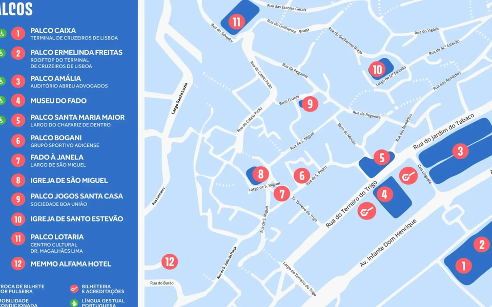 Mapa dos 12 palcos do Festival em Alfama 2025, com localização detalhada em pontos icónicos do bairro histórico de Lisboa.