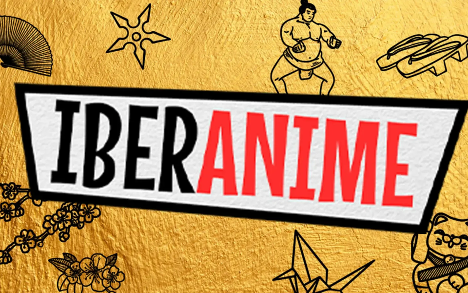 The Iberanime logo centered on a gold textured background, surrounded by black illustrations of Japanese cultural icons such as a sumo wrestler, geta sandals, a folding fan, a shuriken, cherry blossoms, a paper crane, and a maneki-neko cat.