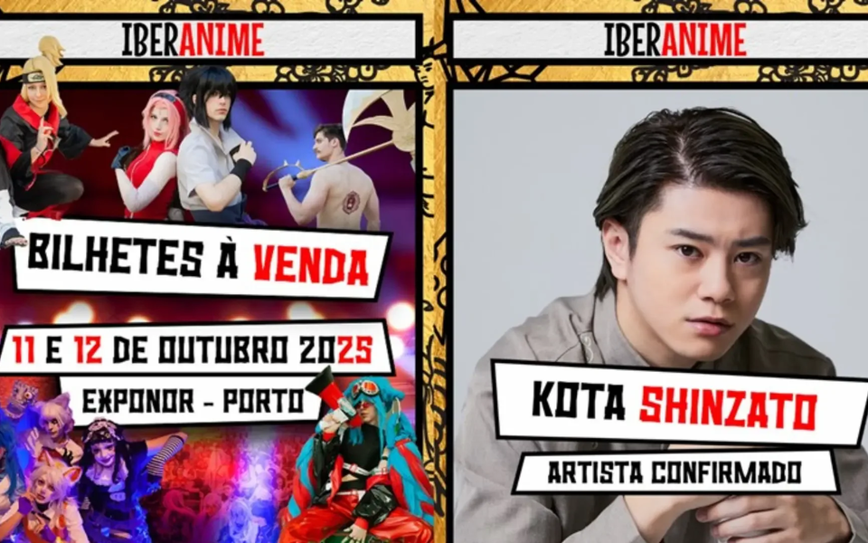 Poster for Iberanime 2025 at Exponor, Porto, on October 11 and 12. The image highlights the announcement of Kota Shinzato as a confirmed artist, alongside vibrant cosplay characters in action.