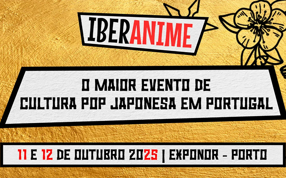 Banner for Iberanime 2025, announcing the largest Japanese pop culture event in Portugal. Held on October 11 and 12 at Exponor in Porto. The design features a gold textured background, bold lettering, and Japanese-style flower illustrations.