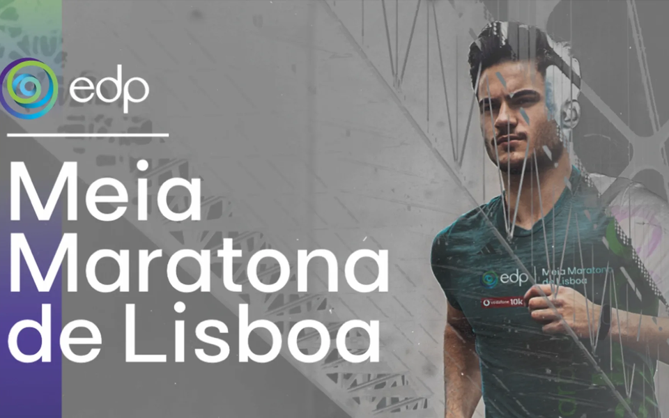 Promotional poster of the EDP Lisbon Half Marathon featuring a male runner in sports gear