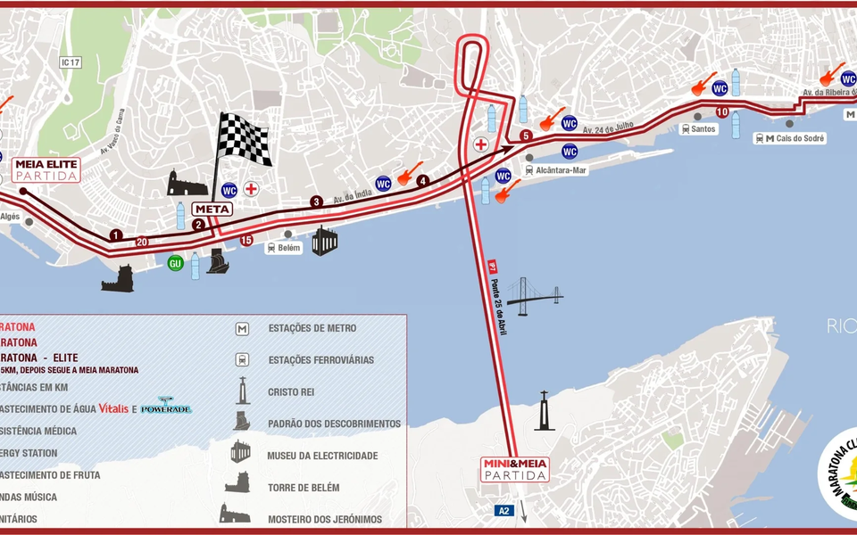 Official route map of the EDP Lisbon Half Marathon 2025, showing the course from the 25 de Abril Bridge to Belém