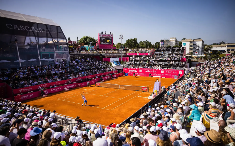 Tennis match at Millennium Estoril Open with packed stands in Cascais, Portugal