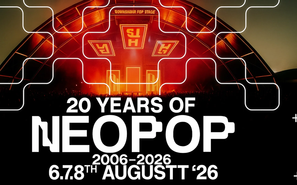 Official poster of Neopop Festival 2026 in Portugal, celebrating 20 years of electronic music with futuristic stage design