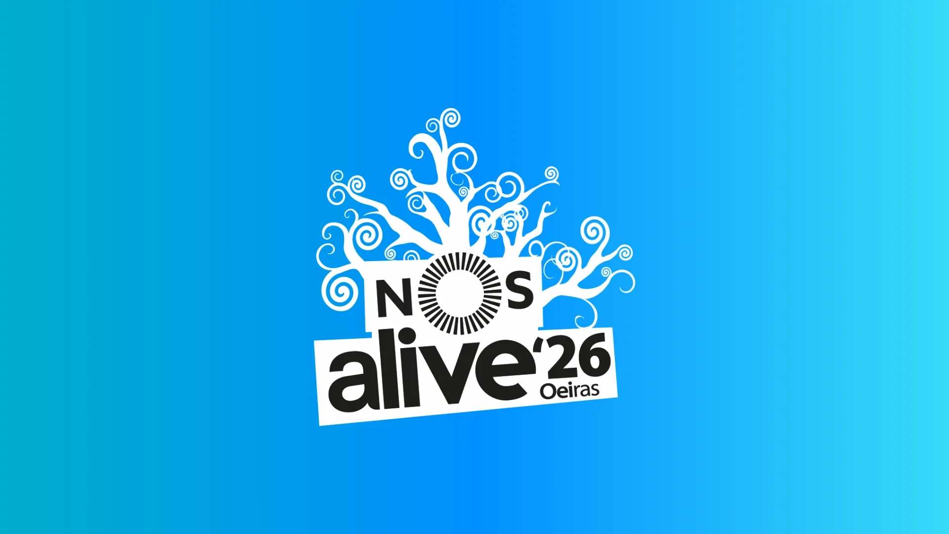 Official logo of NOS Alive 2026 music festival in Oeiras, Portugal, with a white tree design on a blue background
