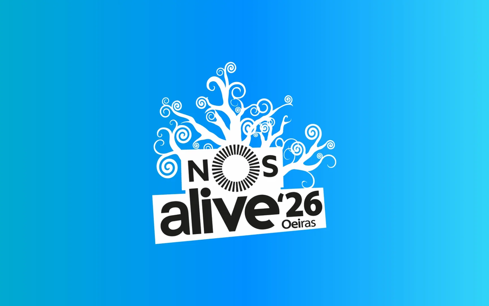 Official logo of NOS Alive 2026 music festival in Oeiras, Portugal, with a white tree design on a blue background