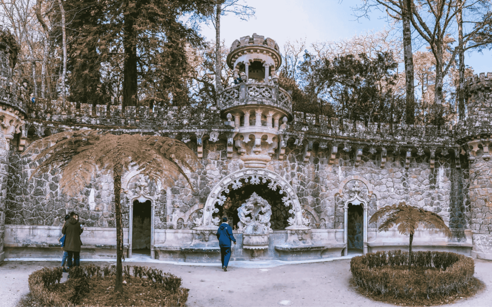 Close-up of the mythological animal sculpture at the Guardians’ Portal in Quinta da Regaleira, Sintra, Portugal, featuring ornate gothic details.