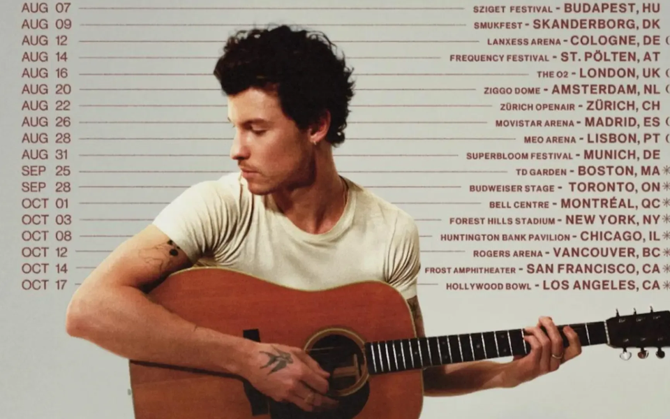 Shawn Mendes holding an acoustic guitar and looking down to the right, wearing a white t-shirt. On the right side of the image, his 2025 tour dates are listed by city and venue across Europe and North America.