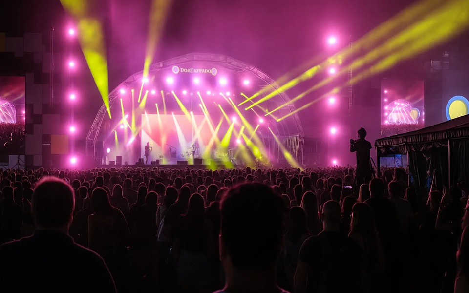 Nighttime view of a live music festival in Portugal, with a large crowd, colorful stage lights, and vibrant atmosphere.