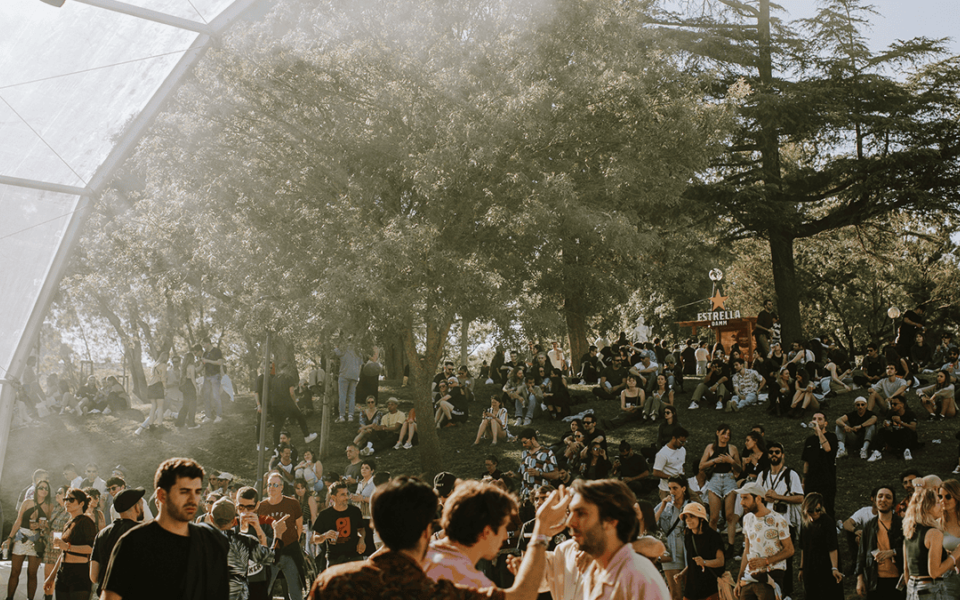 Festival attendees sitting and relaxing under the trees at Sónar Lisboa