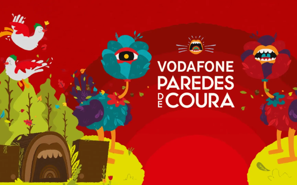 Colourful illustration with birds and flowers featuring the Vodafone Paredes de Coura music festival logo on a red background